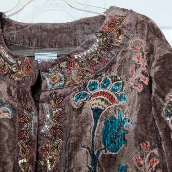 Chicos 2 Velvet Floral Jacket Womens Size Large Brown Beaded Embellished Boho - Picture 3 of 13